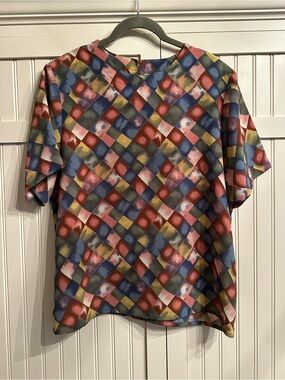 VTG Kathy Che Harlequin Diamond Check Blouse L 80s